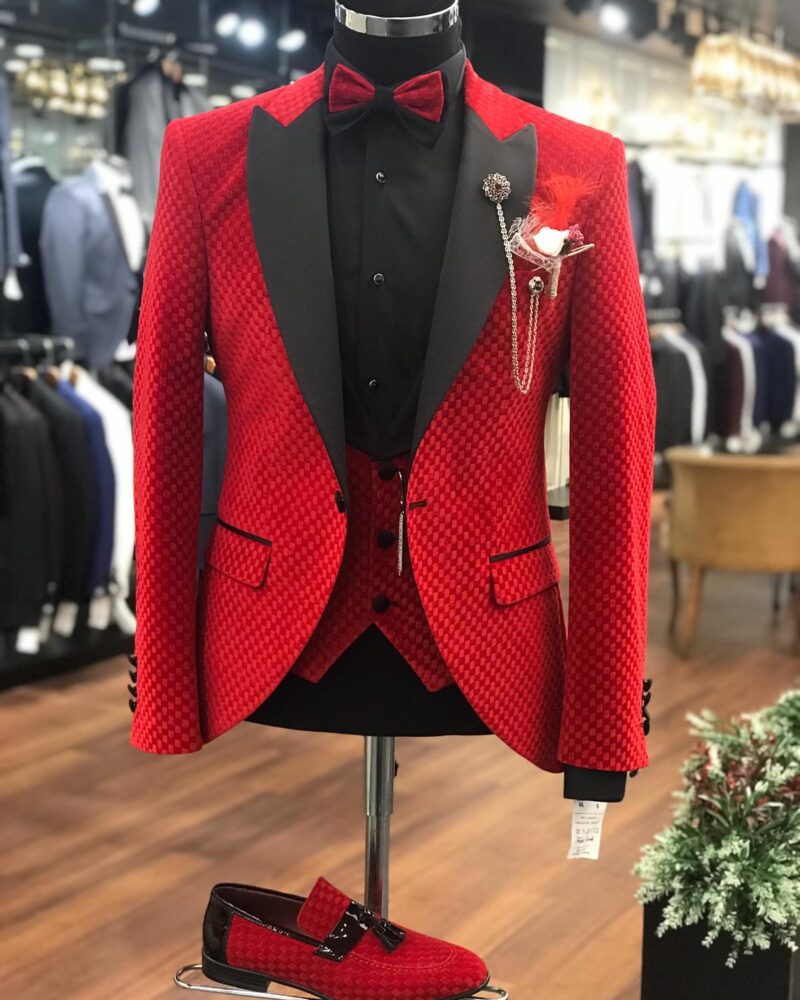 Red Slim Fit Peak Lapel Bespoke Tuxedo by BespokeDailyShop.com with Free Worldwide Shipping
