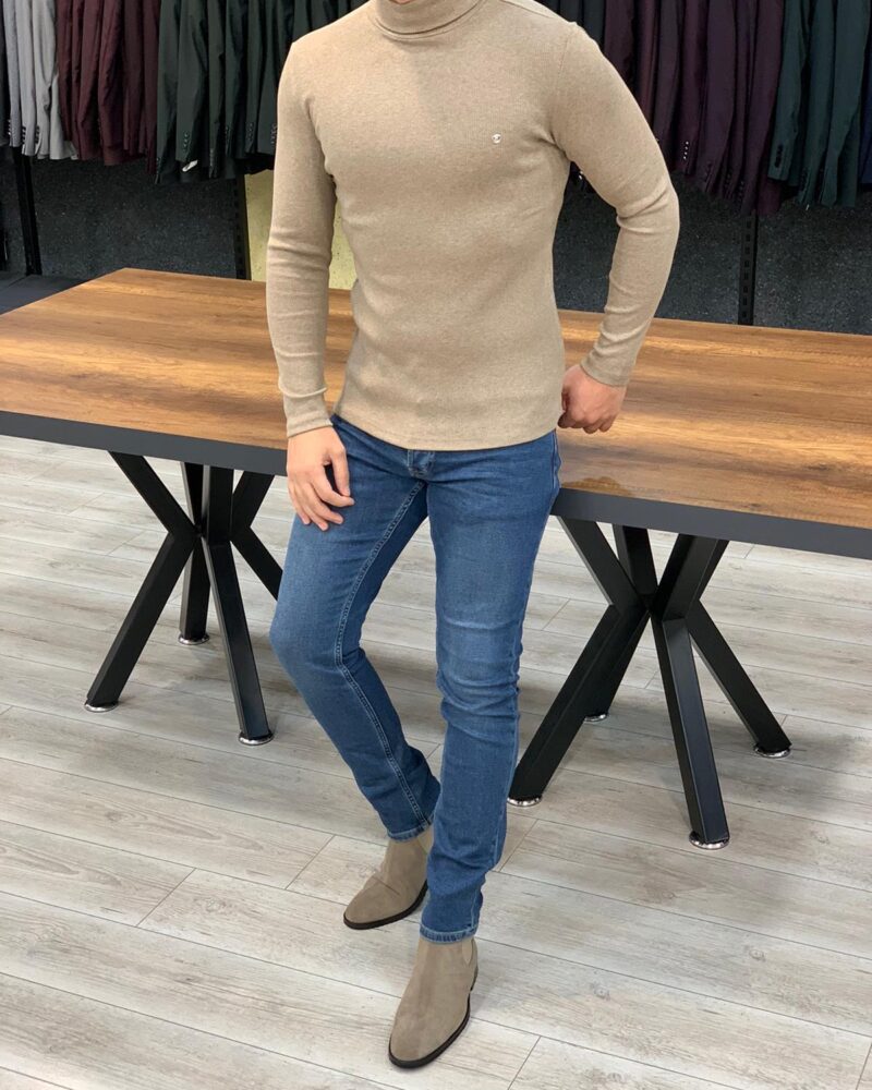 Beige Slim Fit Turtleneck Sweater by BespokeDailyShop.com with Free Worldwide Shipping