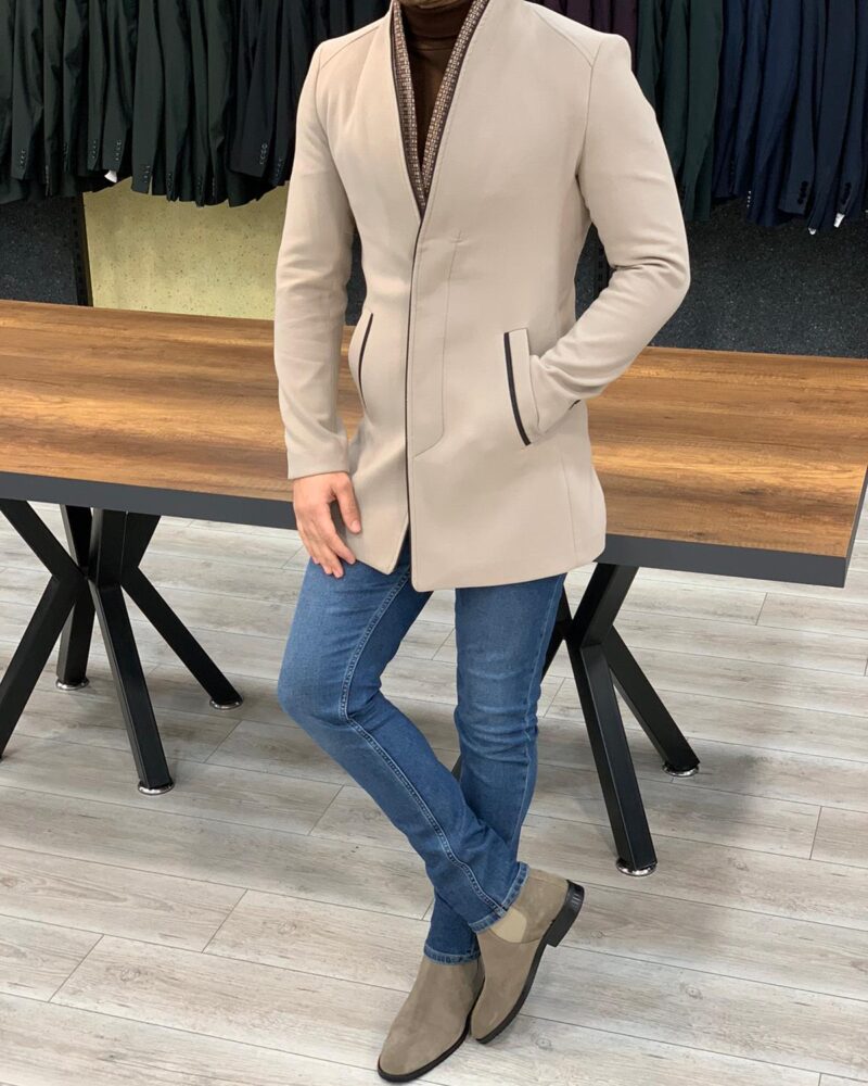 Beige Slim Fit Wool Long Coat by BespokeDailyShop.com with Free Worldwide Shipping