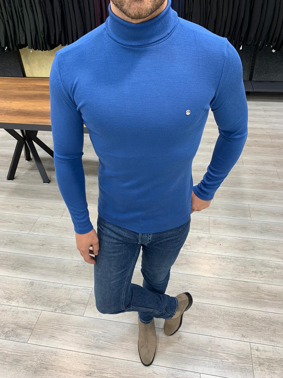 BespokeDaily Austin Blue Slim Fit Turtleneck Sweater - Bespoke Daily