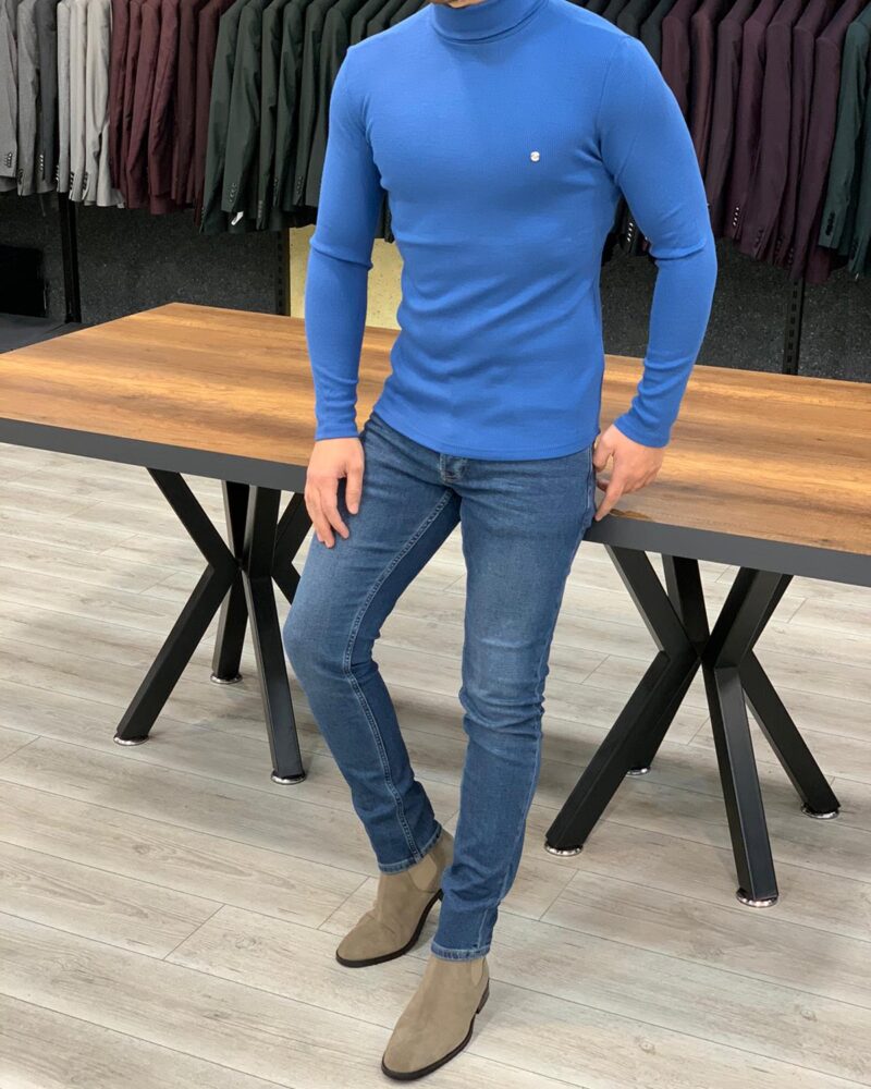 Blue Slim Fit Turtleneck Sweater by BespokeDailyShop.com with Free Worldwide Shipping