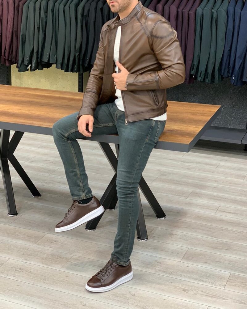 Brown Slim Fit Leather Jacket by BespokeDailyShop.com with Free Worldwide Shipping