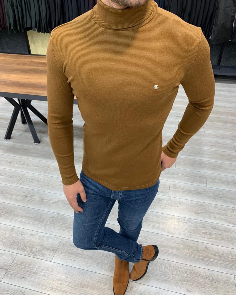 Brown Slim Fit Turtleneck Sweater by BespokeDailyShop.com with Free Worldwide Shipping