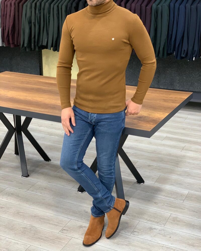 Brown Slim Fit Turtleneck Sweater by BespokeDailyShop.com with Free Worldwide Shipping