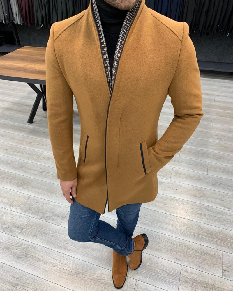 Camel Slim Fit Wool Long Coat by BespokeDailyShop.com with Free Worldwide Shipping
