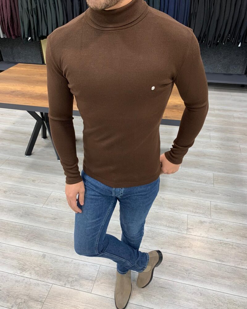 Coffee Slim Fit Turtleneck Sweater by BespokeDailyShop.com with Free Worldwide Shipping