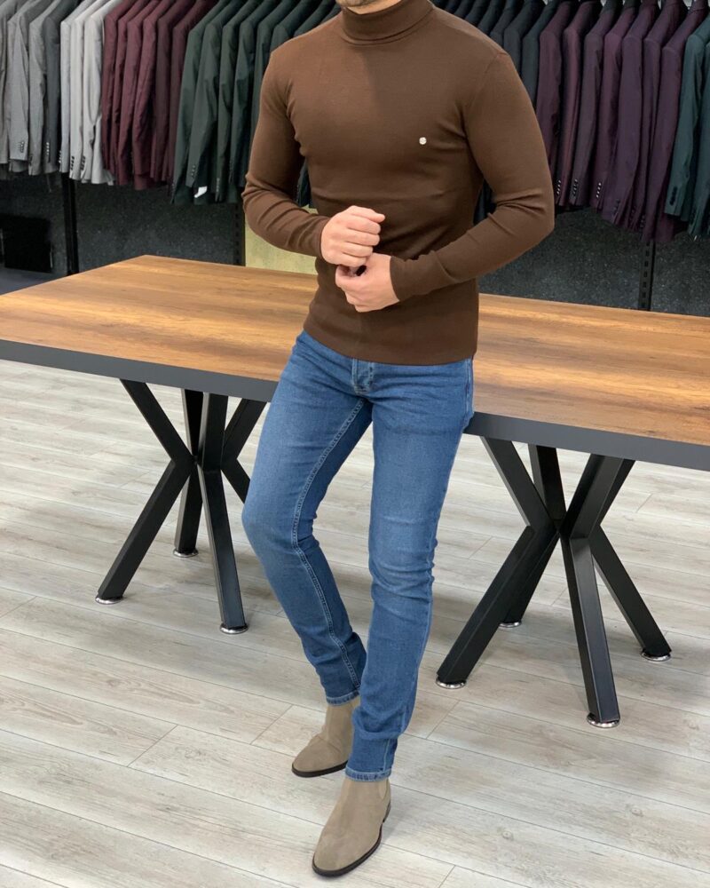 Coffee Slim Fit Turtleneck Sweater by BespokeDailyShop.com with Free Worldwide Shipping