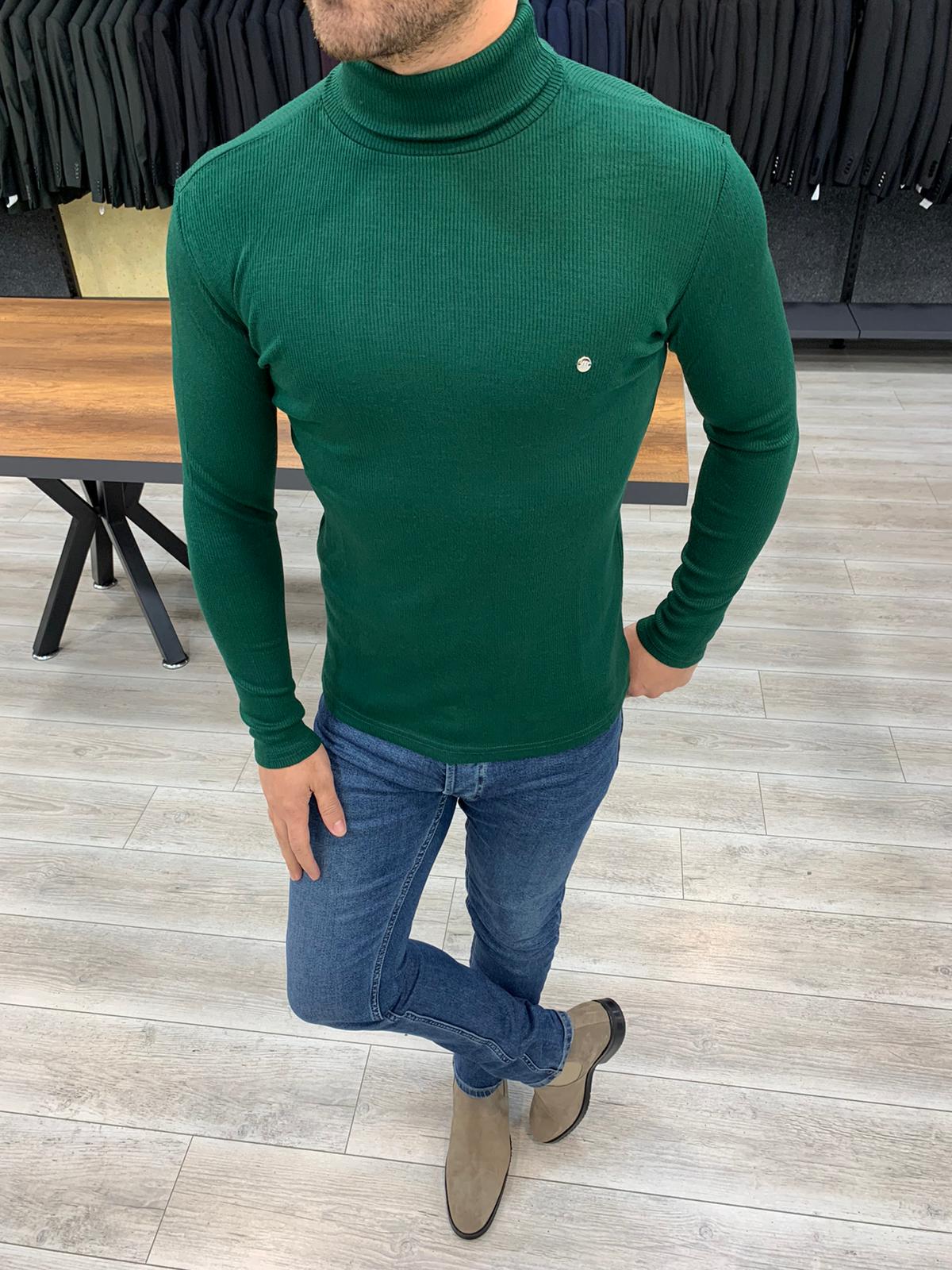 BespokeDaily Austin Green Slim Fit Turtleneck Sweater - Bespoke Daily