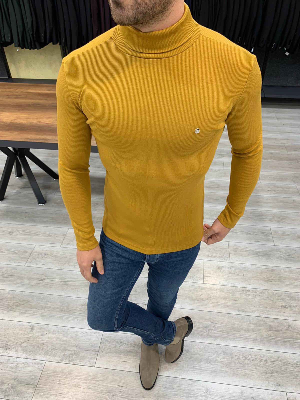 BespokeDaily Austin Yellow Slim Fit Turtleneck Sweater - Bespoke Daily
