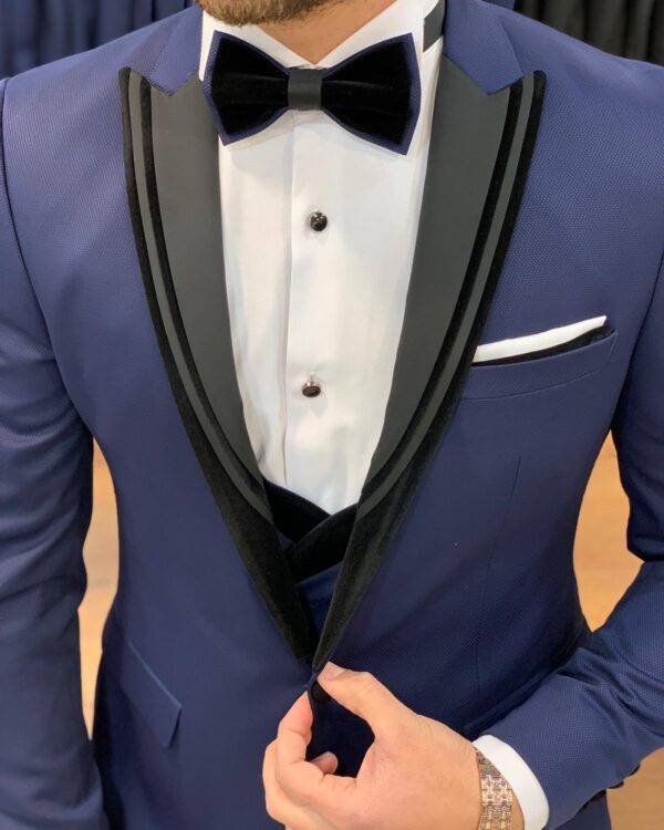 Buy Navy Blue Slim Fit Peak Lapel Tuxedo by BespokeDailyShop.com