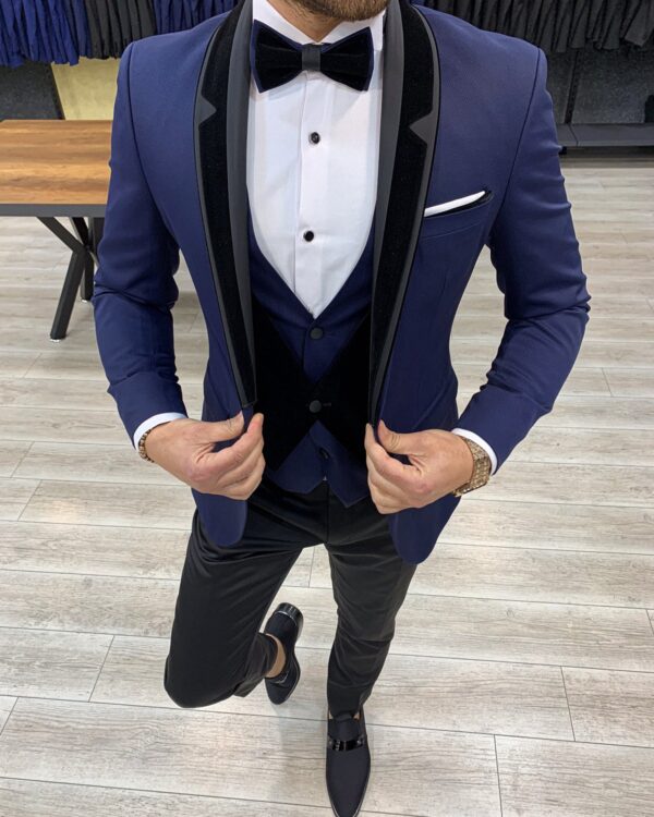 Buy Navy Blue Slim Fit Velvet Shawl Lapel Tuxedo by BespokeDaily