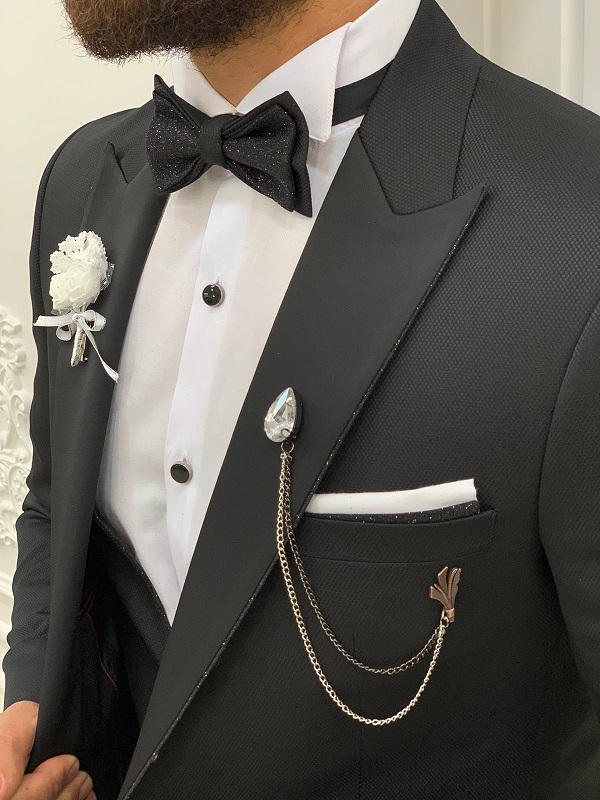 Black Slim Fit Peak Lapel Tuxedo for Men by BespokeDailyShop.com with Free Worldwide Shipping