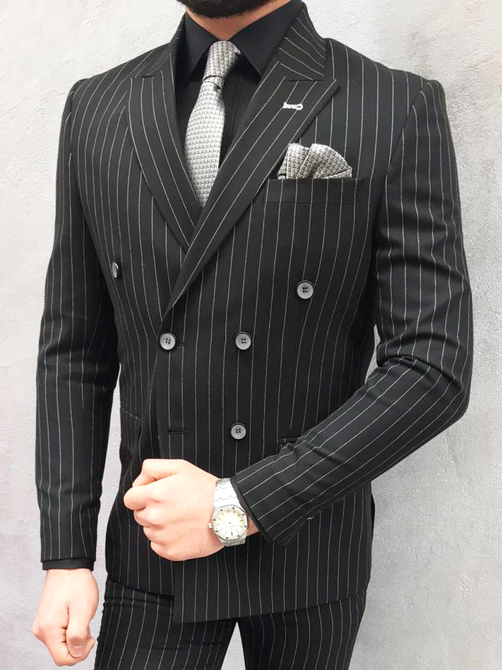 Buy Black Slim Fit Double Breasted Pinstripe Suit by BespokeDailyShop