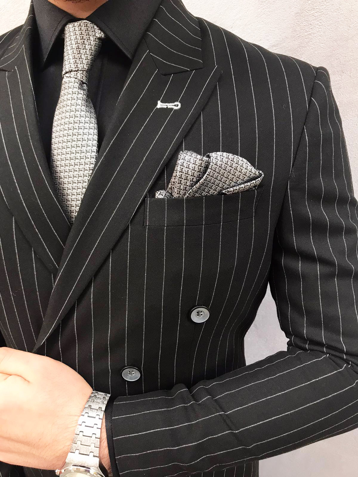 Buy Black Slim Fit Double Breasted Pinstripe Suit By Bespokedailyshop