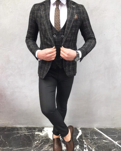 Buy Black Slim Fit Plaid Wool Suit by BespokeDailyShop.com