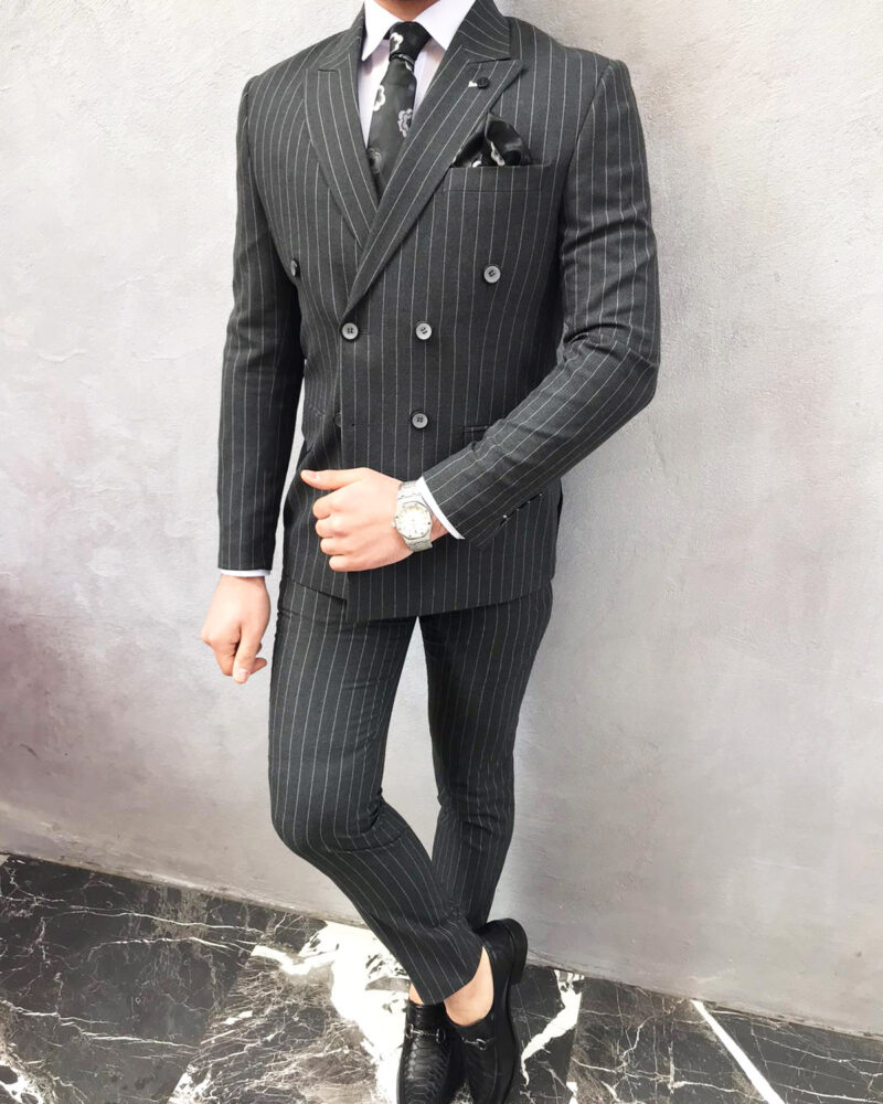 Dark Gray Slim Fit Double Breasted Pinstripe Suit by BespokeDailyShop.com with Free Worldwide Shipping