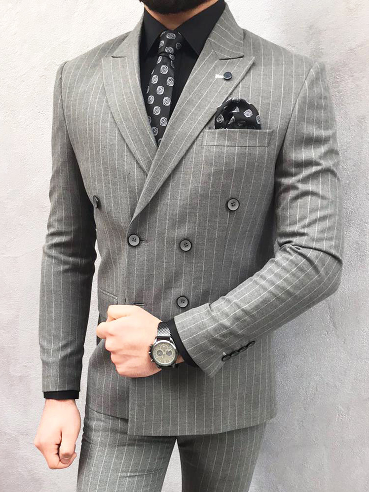 Gray Slim Fit Double Breasted Pinstripe Suit by BespokeDailyShop.com with Free Worldwide Shipping