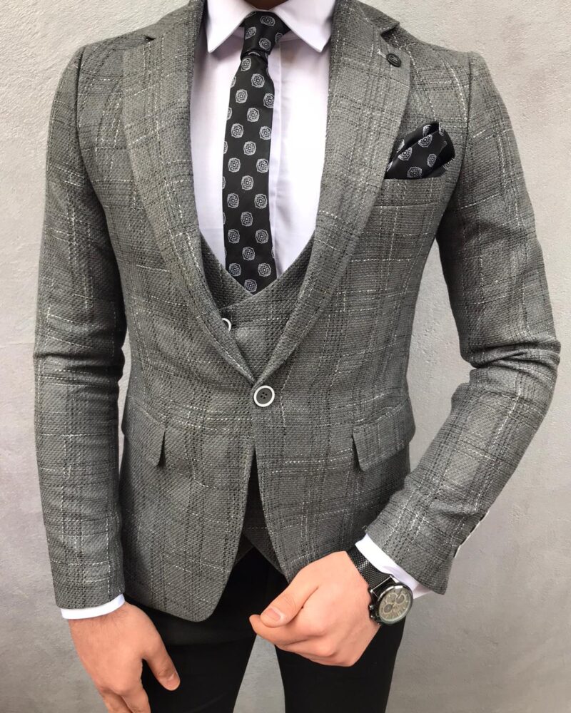 Gray Slim Fit Plaid Wool Suit by BespokeDailyShop.com with Free Worldwide Shipping
