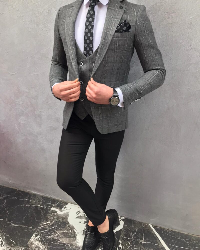 Buy Gray Slim Fit Plaid Wool Suit by BespokeDailyShop.com