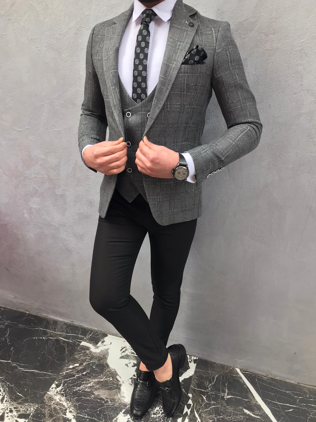 Buy Gray Slim Fit Plaid Wool Suit by BespokeDailyShop.com