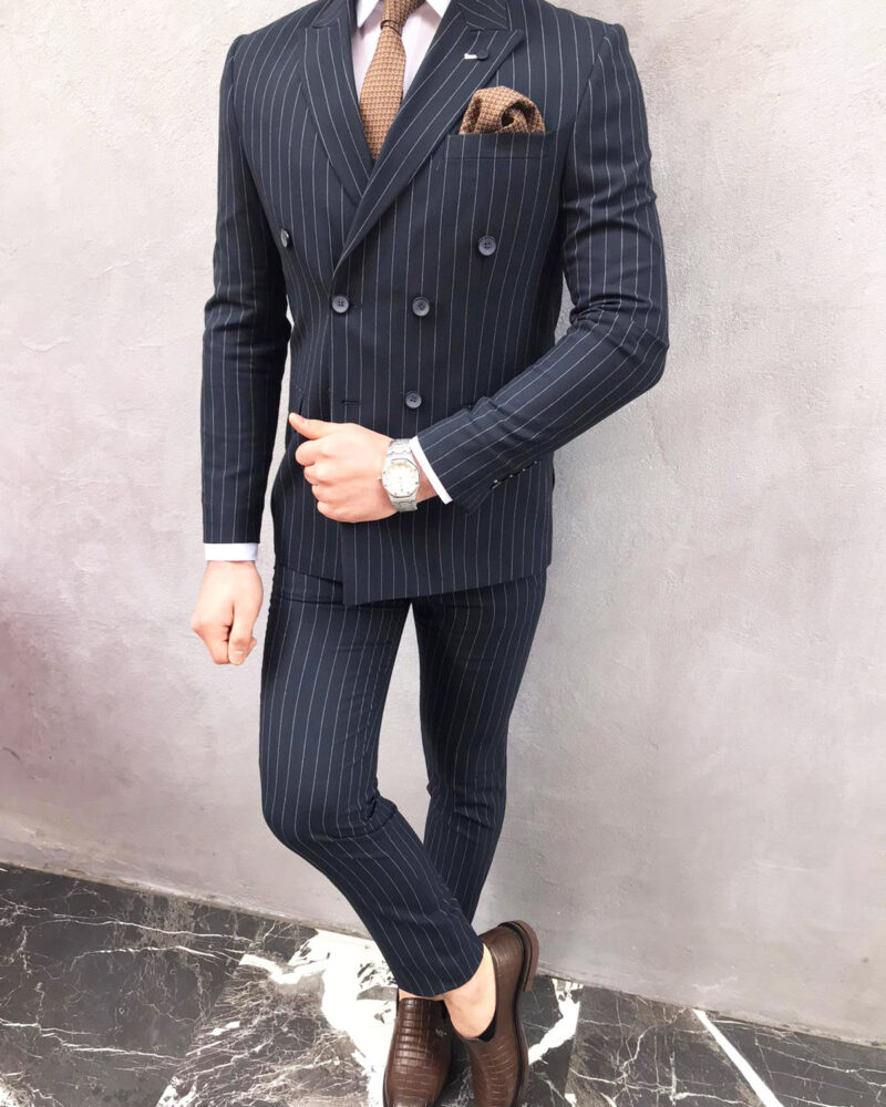 Navy Blue Slim Fit Double Breasted Pinstripe Suit by BespokeDailyShop.com with Free Worldwide Shipping