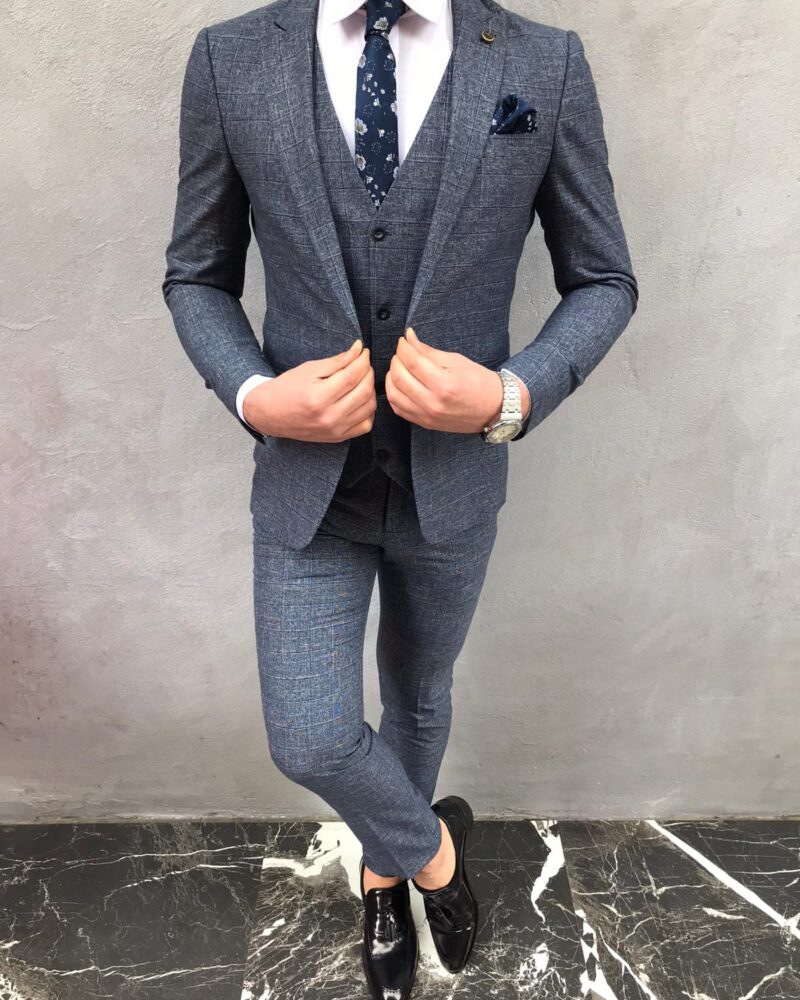 Blue Slim Fit Plaid Suit by BespokeDailyShop.com with Free Worldwide Shipping