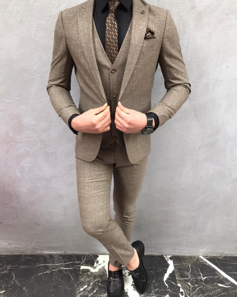 Brown Slim Fit Plaid Suit by BespokeDailyShop.com with Free Worldwide Shipping
