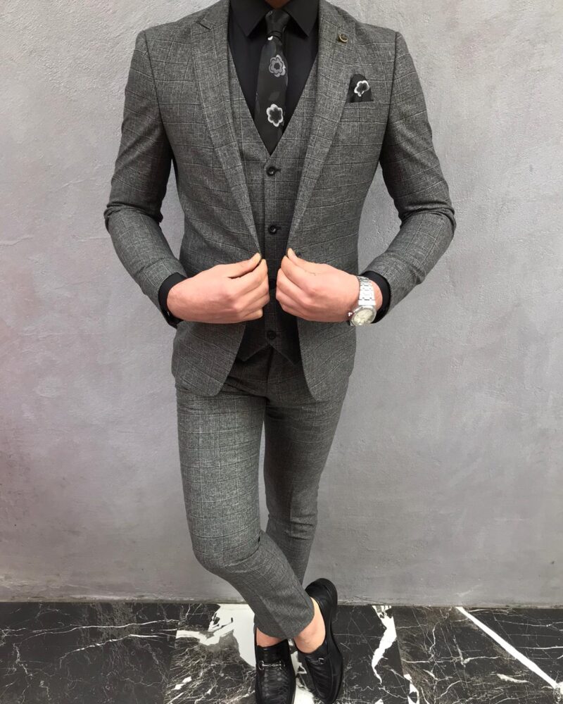 Gray Slim Fit Plaid Suit by BespokeDailyShop.com with Free Worldwide Shipping