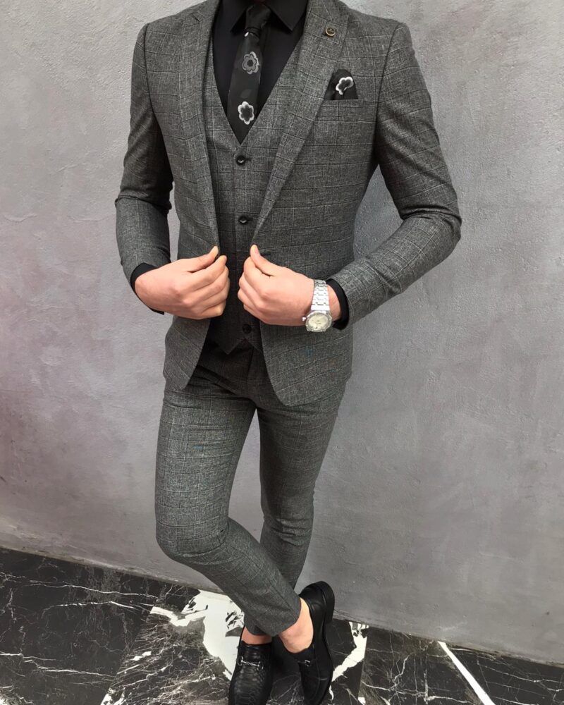 Gray Slim Fit Plaid Suit by BespokeDailyShop.com with Free Worldwide Shipping