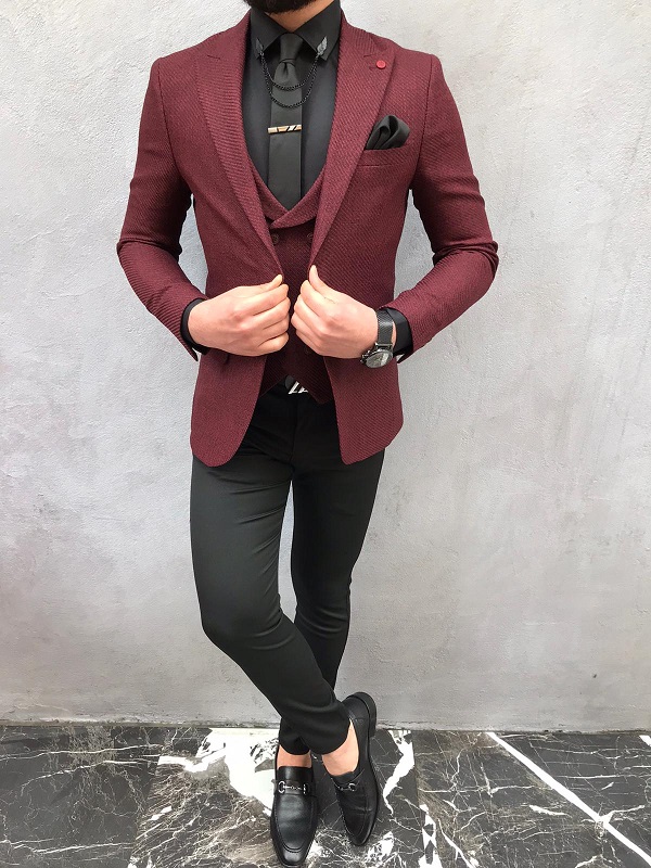 Buy Burgundy Slim Fit Suit by BespokeDailyShop | Worldwide Shipping