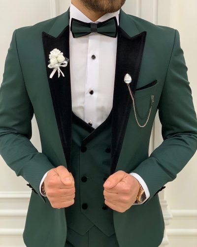 Buy Green Slim Fit Velvet Peak Lapel Tuxedo by BespokeDailyShop.com