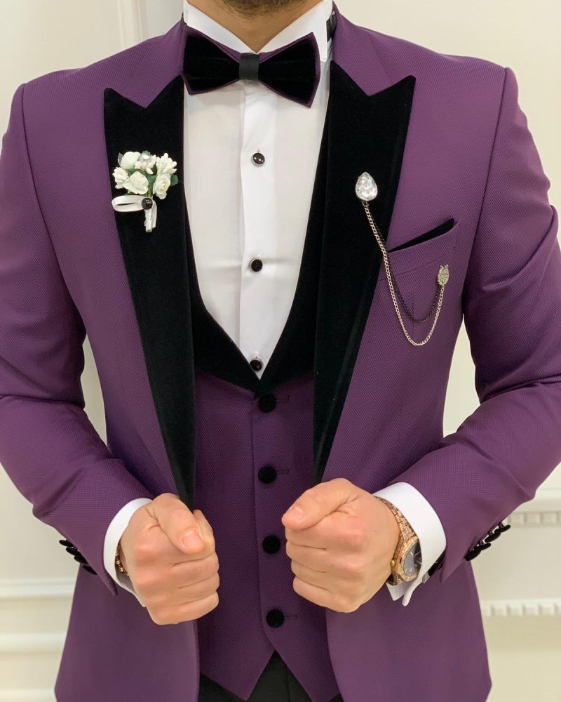 Purple Slim Fit Velvet Peak Lapel Tuxedo by BespokeDailyShop.com with Free Worldwide Shipping