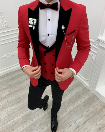 Red Slim Fit Velvet Peak Lapel Tuxedo by BespokeDailyShop.com with Free Worldwide Shipping