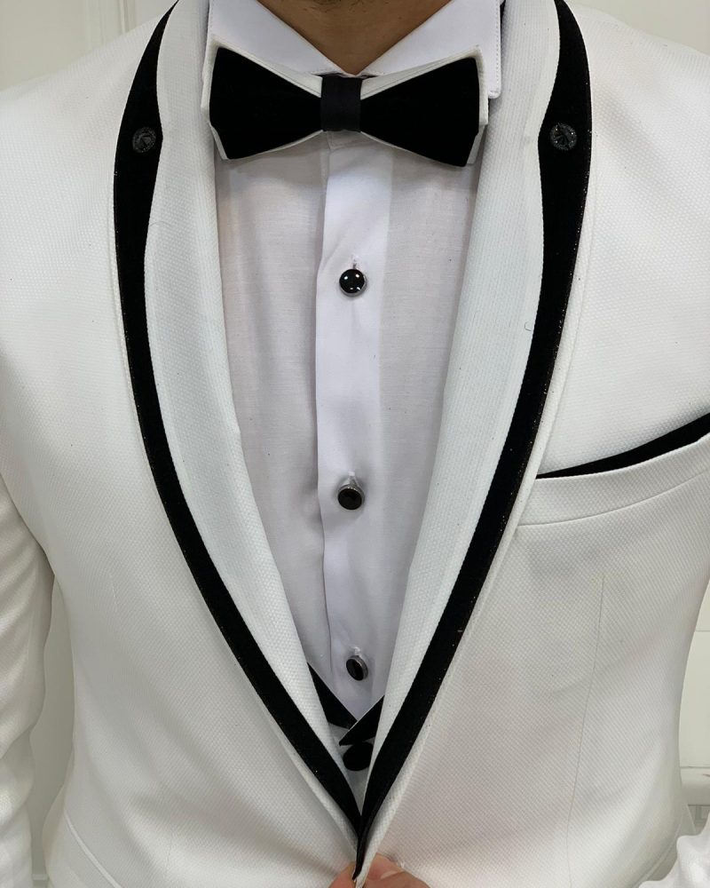 White Slim Fit Shawl Lapel Tuxedo by BespokeDailyShop.com with Free Worldwide Shipping