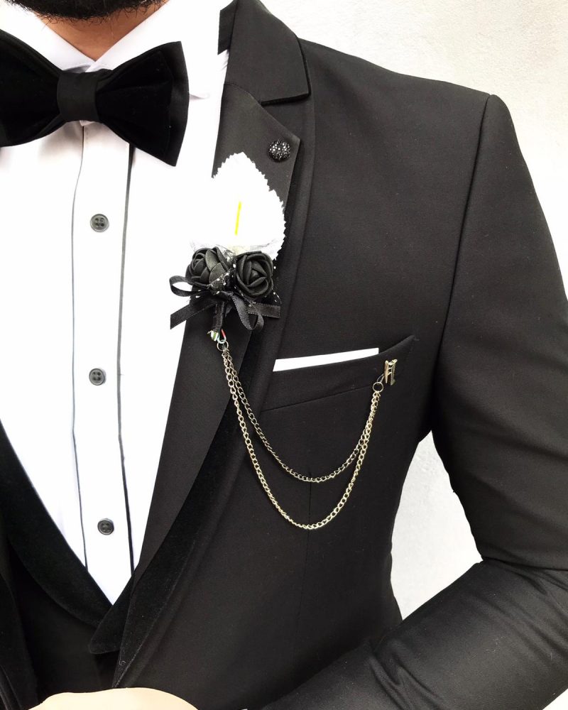 Black Slim Fit Velvet Notch Lapel Tuxedo by BespokeDailyShop.com with Free Worldwide Shipping