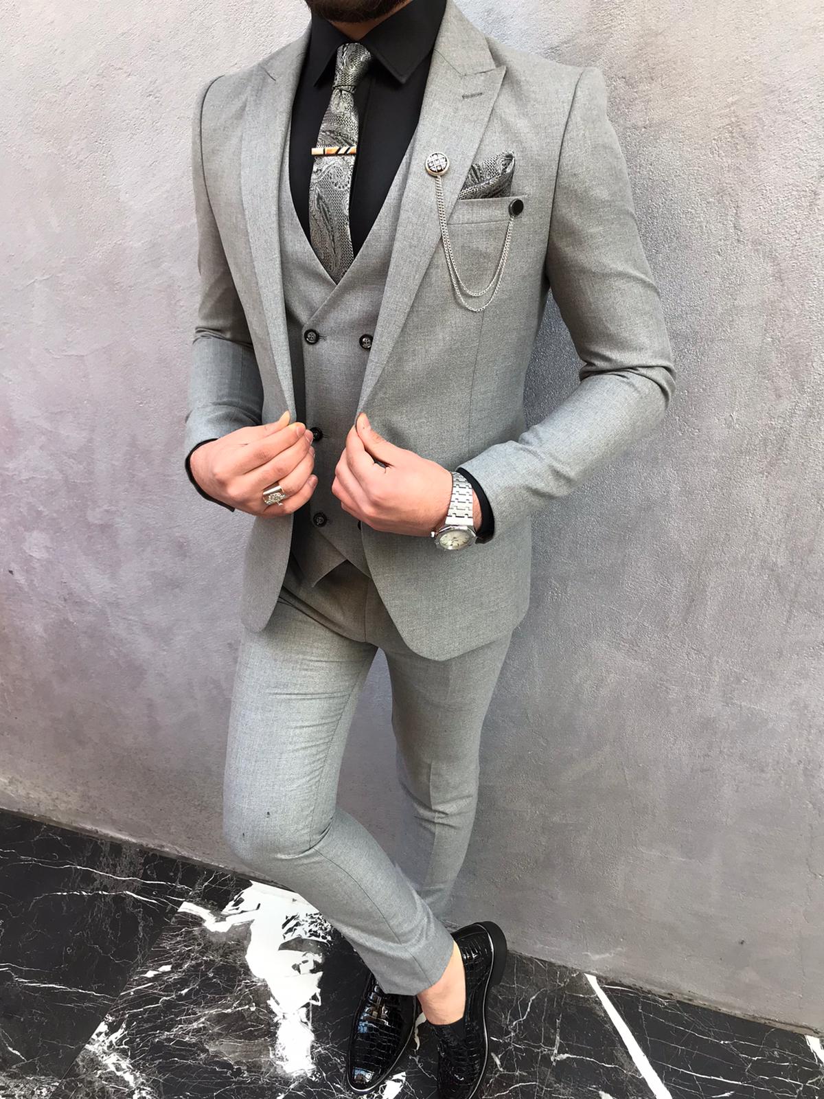 Buy Gray Slim Fit Suit by BespokeDailyShop.com | Worldwide Shipping