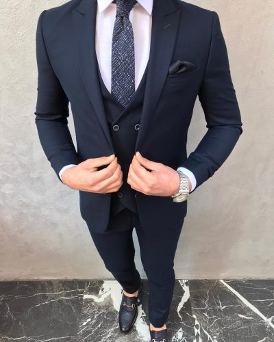 Buy Navy Blue Slim Fit Suit by BespokeDailyShop | Worldwide Shipping