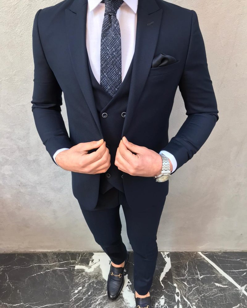 Navy Blue Slim Fit Suit by BespokeDailyShop.com with Free Worldwide Shipping
