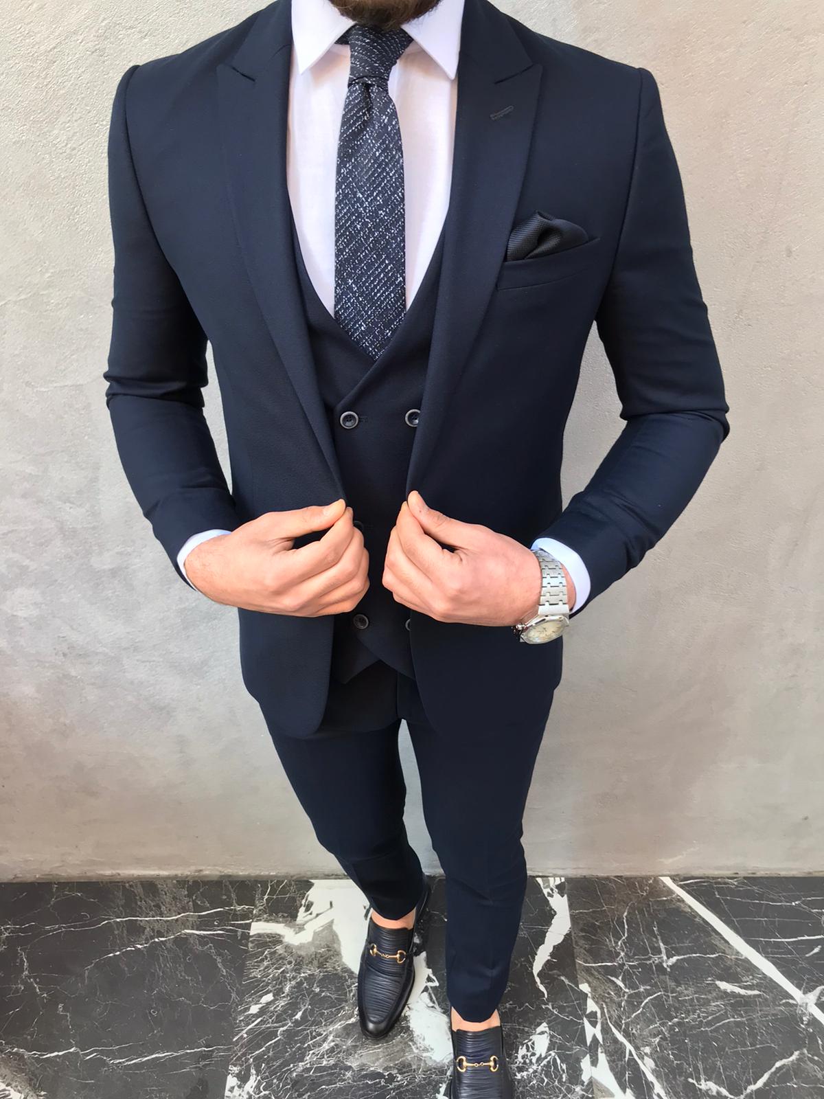 Buy Navy Blue Slim Fit Suit by BespokeDailyShop | Worldwide Shipping