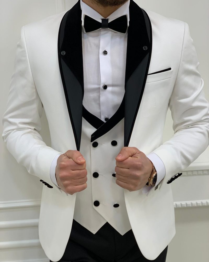 White Slim Fit Shawl Lapel Tuxedo by BespokeDailyShop.com with Free Worldwide Shipping