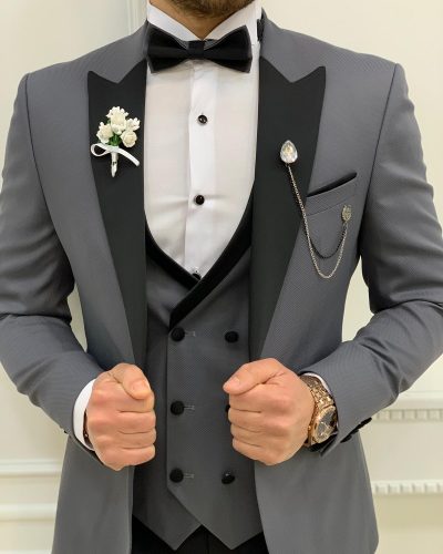 Buy Gray Slim Fit Peak Lapel Tuxedo by BespokeDailyShop.com