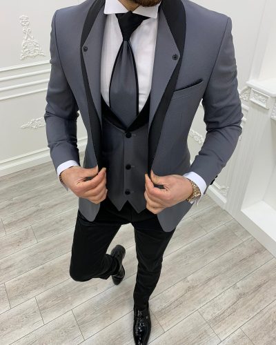 Gray Slim Fit Shawl Lapel Groom Suit by BespokeDailyShop.com with Free Worldwide Shipping