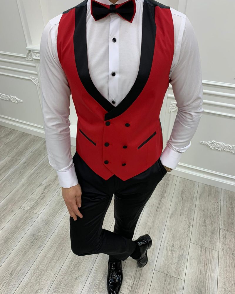 Red Slim Fit Peak Lapel Tuxedo by BespokeDailyShop.com with Free Worldwide Shipping