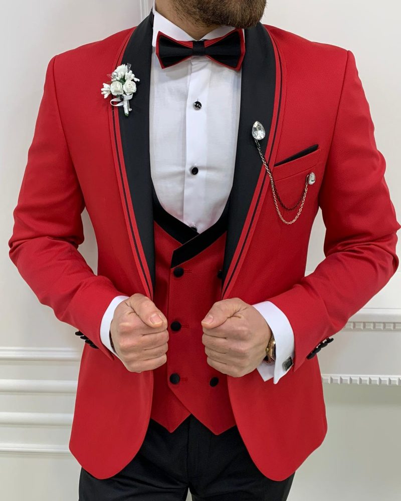 Red Slim Fit Shawl Lapel Tuxedo by BespokeDailyShop.com with Free Worldwide Shipping