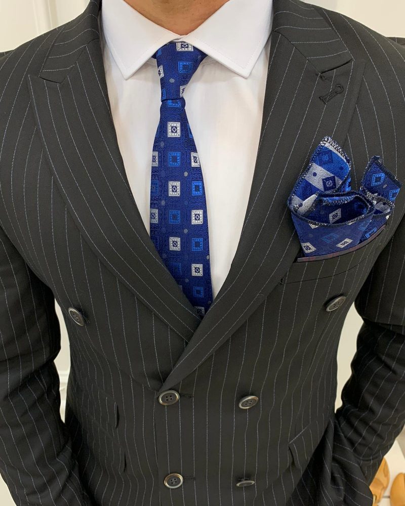 Black Slim Fit Double Breasted Pinstripe Suit by BespokeDailyShop.com with Free Worldwide Shipping