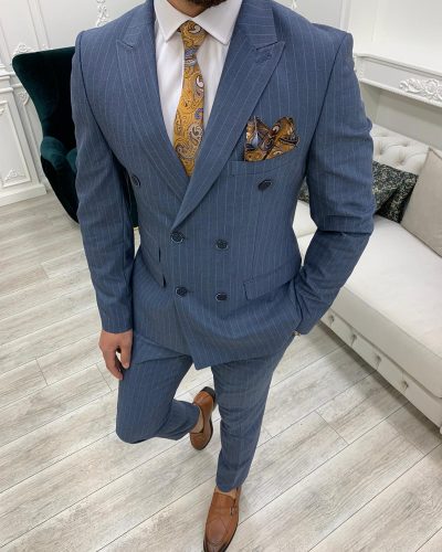 Blue Slim Fit Double Breasted Pinstripe Suit by BespokeDailyShop.com with Free Worldwide Shipping