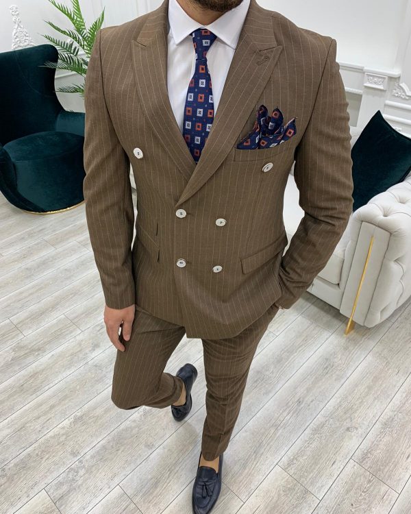 Buy Brown Slim Fit Double Breasted Pinstripe Suit by BespokeDailyShop