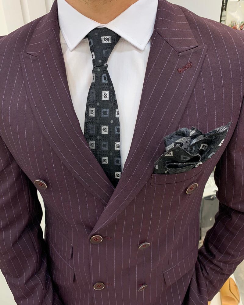 Burgundy Slim Fit Double Breasted Pinstripe Suit by BespokeDailyShop.com with Free Worldwide Shipping