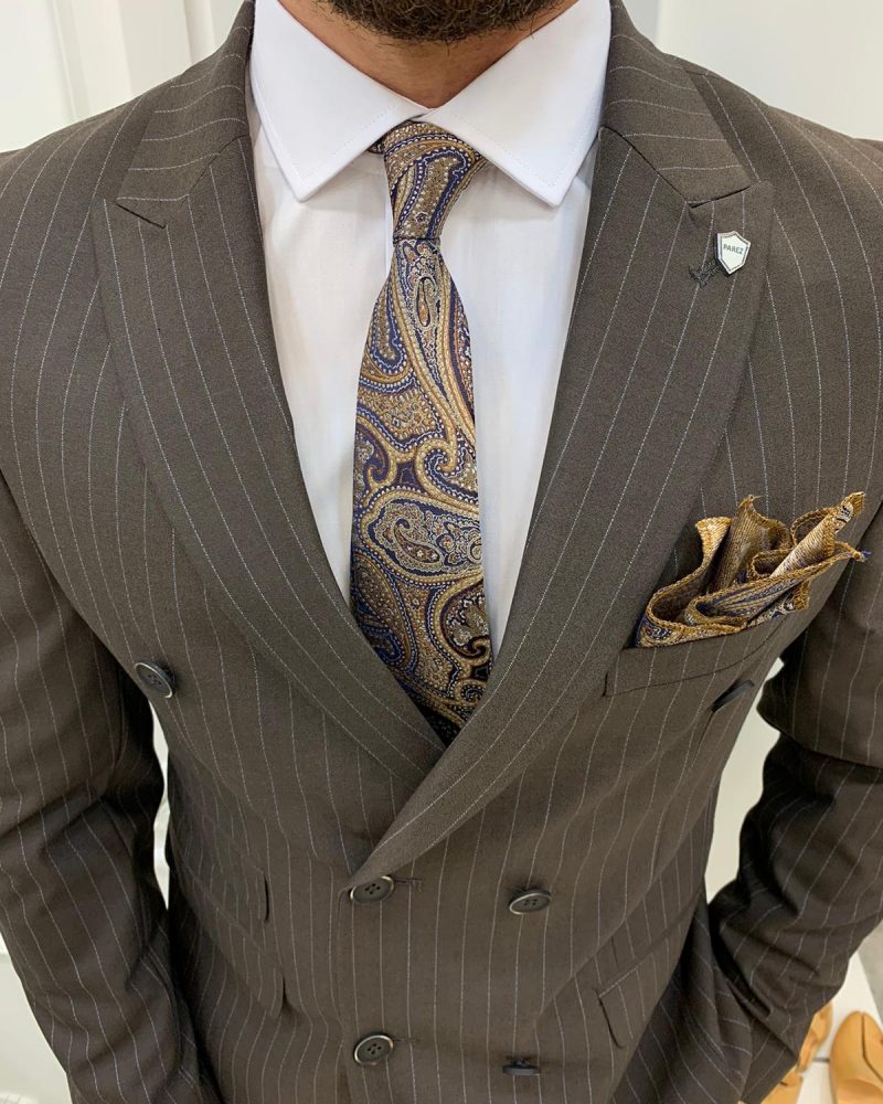 Coffee Slim Fit Double Breasted Pinstripe Suit by BespokeDailyShop.com with Free Worldwide Shipping