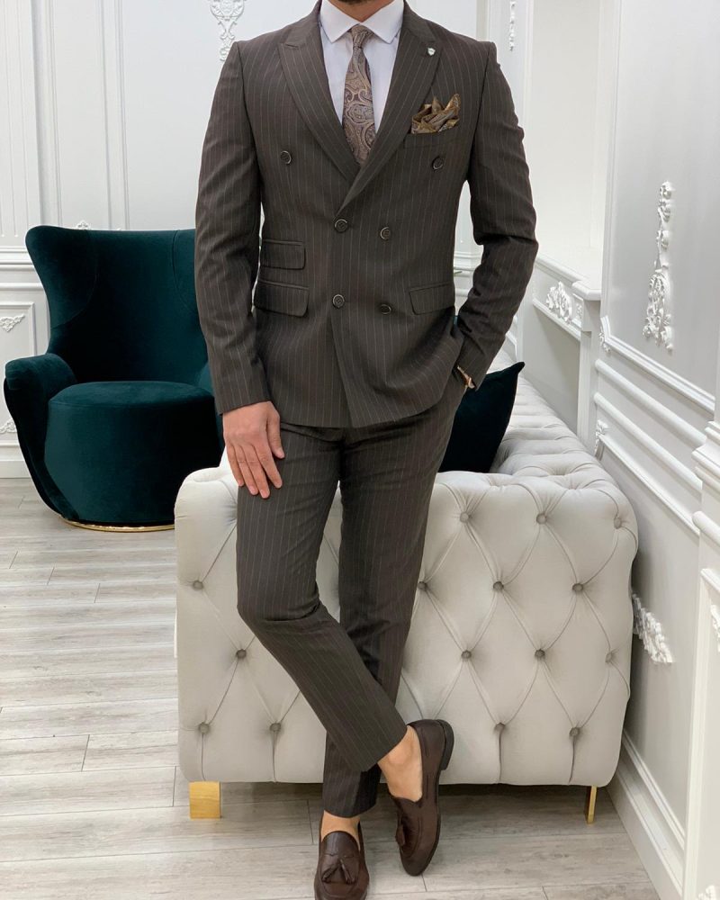 Coffee Slim Fit Double Breasted Pinstripe Suit by BespokeDailyShop.com with Free Worldwide Shipping